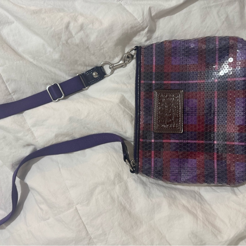 Coach Plaid Sequin Crossbody Bag - Purple and Red